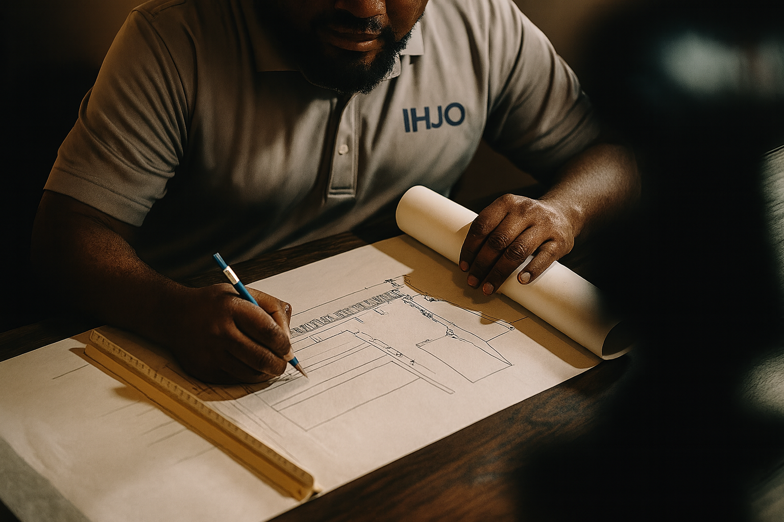 Engineers inspecting high-rise structural plans